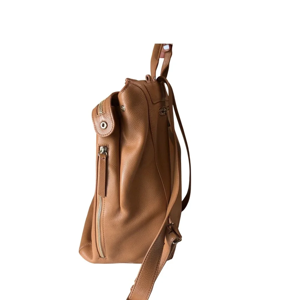 Mina Baie Stevie Tan Pebbled Leather Backpack Diaper Bag Gold Hardware